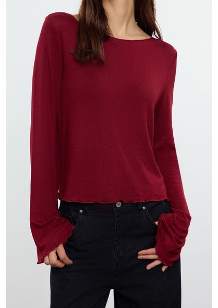 Stil Kadın Fit Bluz Crop Örme Regular Kalıp Ispanyol Kol
