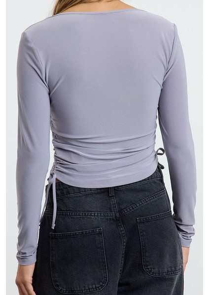 Stil Kadın Büzgü Detaylı Fitted Vücuda Oturan Esnek Bluz Crop Örme Slim Kalıp fırsatları