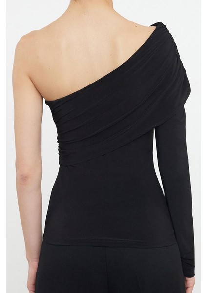 Stil Kadın Drape Detaylı Asimetrik Vücuda Oturan Normal Esnek Bluz Crop Örme Regular Kalıp Tek Kol fırsatları