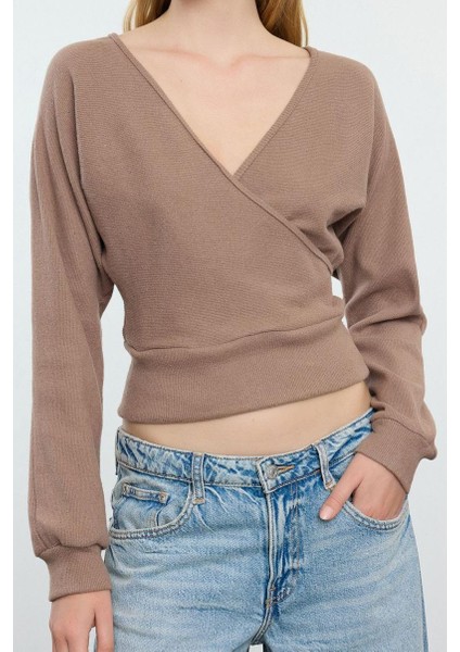 Stil Kadın Regular Normal Kalıp Oturan Fitilli Esnek Bluz Crop Örme Slim Kalıp