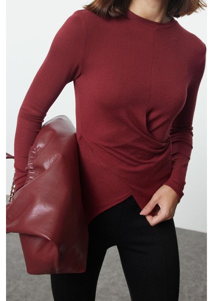 Stil Kadın Kruvaze Büzgü Drape Detaylı Vücuda Oturan Bluz Regular Örme Slim Kalıp Düşük Kol