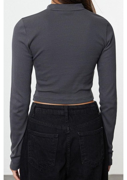 Stil Kadın Yıkamalı Fitted Vücuda Oturan Fitilli Esnek Bluz Crop Örme Slim Kalıp indirimleri