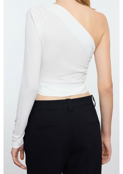 Kadın Moda Şık Üst Giyim Crop Asimetrik Yaka Tek Kol Slim Kalıp Örme Bağlama Detaylı Esnek Bluz fırsatları