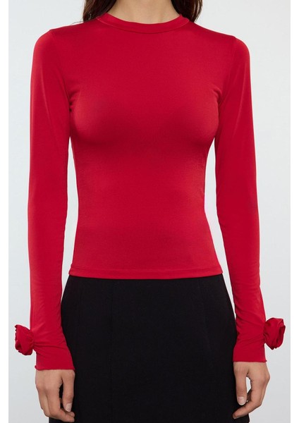 Stil Kadın Gül Detaylı Fitted Vucuda Oturan Kollu Esnek Bluz Regular Örme Slim Kalıp modelleri