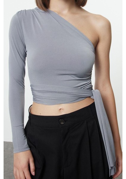 Stil Kadın Bağlama Detaylı Esnek Bluz Crop Örme Slim Kalıp Tek Kol