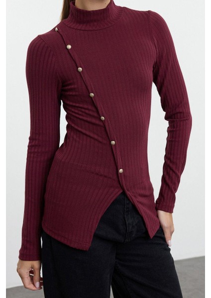 Stil Kadın Fitted Vücuda Oturan Düğme Detaylı Fitilli Esnek Bluz Regular Örme Slim Kalıp
