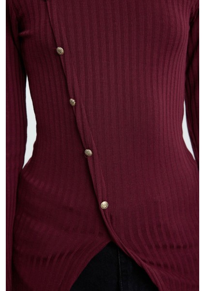 Stil Kadın Fitted Vücuda Oturan Düğme Detaylı Fitilli Esnek Bluz Regular Örme Slim Kalıp fırsatları