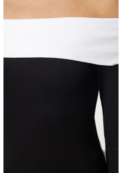 Stil Kadın -Beyaz Pamuklu Kısa Bluz Crop Örme Slim Kalıp Düşük Kol fırsatları