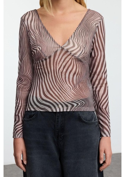 Stil Kadın Leopar Baskılı Tül Fitted Vücuda Oturan Esnek Bluz Regular Örme Slim Kalıp modelleri
