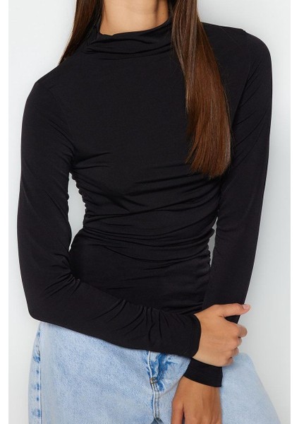 Stil Kadın Büzgü Detaylı Fitted Vücuda Kol Oturan Esnek Bluz Regular Örme Slim Kalıp fırsatları