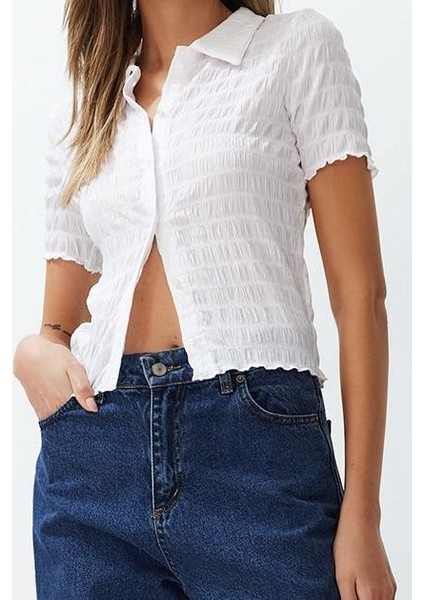 Stil Kadın Dokulu Fitted Vücuda Oturan Kollu Esnek Bluz Crop Örme Slim Kalıp fırsatları