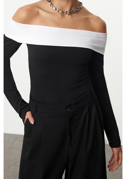 Kadın Moda Şık Üst Giyim Crop Carmen Yaka Düşük Kol Slim Kalıp Örme -Beyaz Pamuklu Kısa Bluz fiyatları
