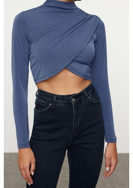 Kadın Moda Şık Üst Giyim Super Crop Dik Yaka Slim Kalıp Örme Drapeli Crop Bluz