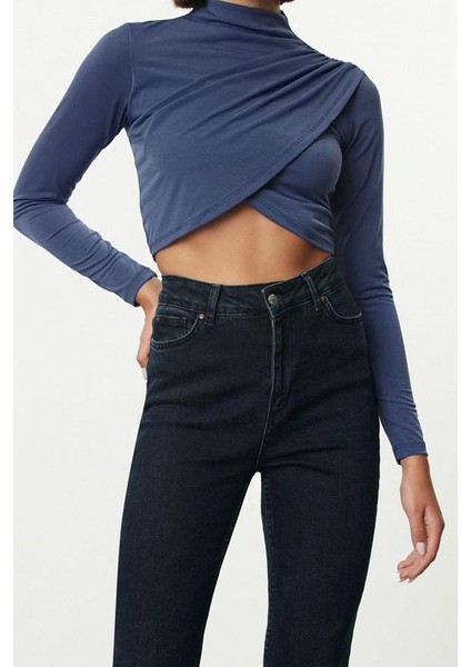 Kadın Moda Şık Üst Giyim Super Crop Dik Yaka Slim Kalıp Örme Drapeli Crop Bluz