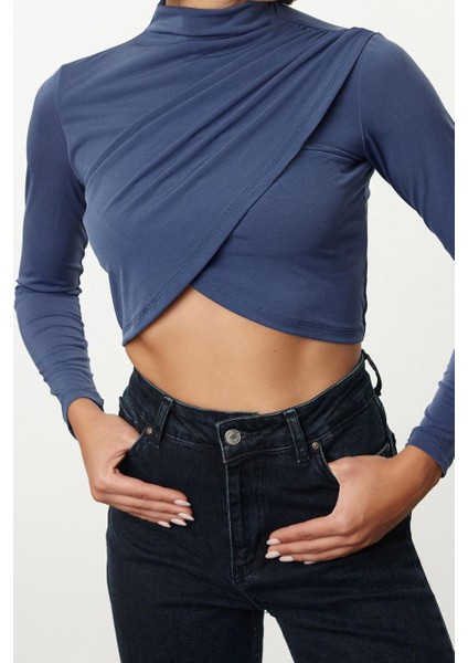 Kadın Moda Şık Üst Giyim Super Crop Dik Yaka Slim Kalıp Örme Drapeli Crop Bluz