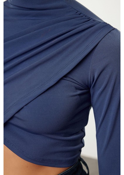Kadın Moda Şık Üst Giyim Super Crop Dik Yaka Slim Kalıp Örme Drapeli Crop Bluz