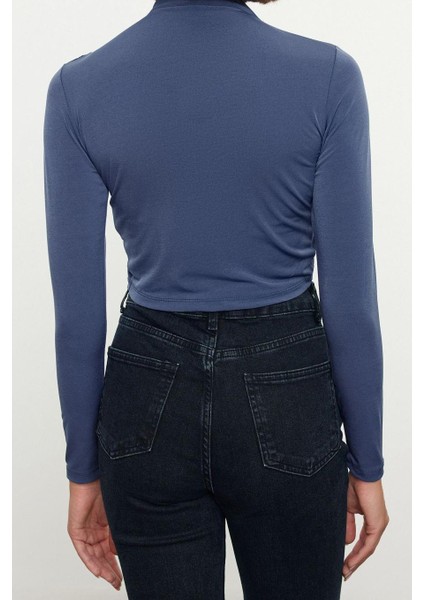 Kadın Moda Şık Üst Giyim Super Crop Dik Yaka Slim Kalıp Örme Drapeli Crop Bluz