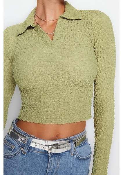 Stil Kadın Dokulu Kumaş Fitted Vücuda Oturan Bluz Crop Örme Slim Kalıp