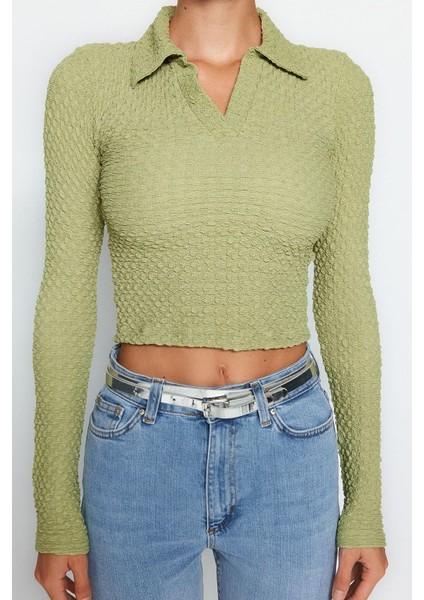 Stil Kadın Dokulu Kumaş Fitted Vücuda Oturan Bluz Crop Örme Slim Kalıp indirimleri