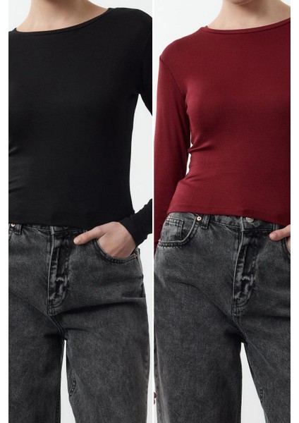Kadın Moda Şık Crop Bisiklet Yaka Slim Kalıp Örme Ikili Paket Kısa Fitted Vücuda Oturan Bluz fiyatları