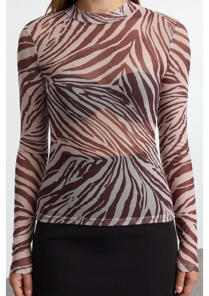 Stil Kadın Zebra Desenli Fitted Vücuda Oturan Tül Esnek Bluz Regular Örme Slim Kalıp modelleri