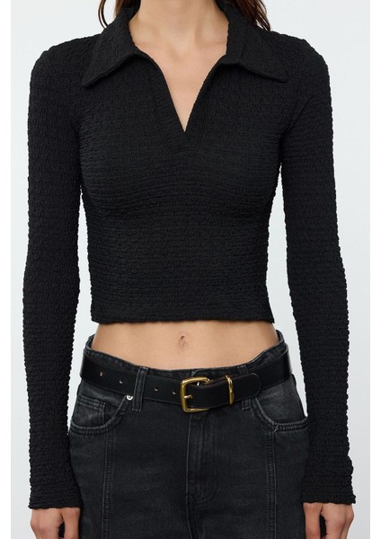 Stil Kadın Dokulu Kumaş Fitted Vücuda Oturan Bluz Crop Örme Slim Kalıp