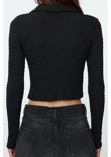 Stil Kadın Dokulu Kumaş Fitted Vücuda Oturan Bluz Crop Örme Slim Kalıp