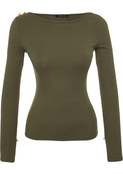 Stil Kadın Fitilli Esnek Fit Kollu Düğme Detaylı Bluz Regular Örme Regular Kalıp modelleri