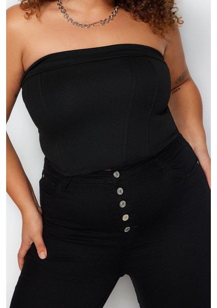 Stil Kadın Straplez Bluz Crop Örme Fitted Kalıp Büyük Beden