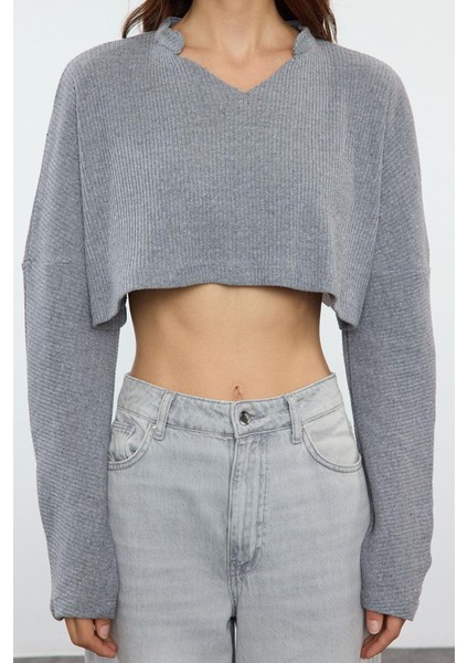 Stil Kadın Kol Triko Görünümlü Bluz Super Crop Örme Relaxed Kalıp Düşük Kol modelleri