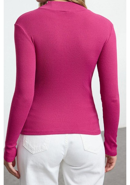 Stil Kadın Pembe Fitted Vücuda Oturan Kol Fitilli Esnek Bluz Örme Slim Kalıp fırsatları