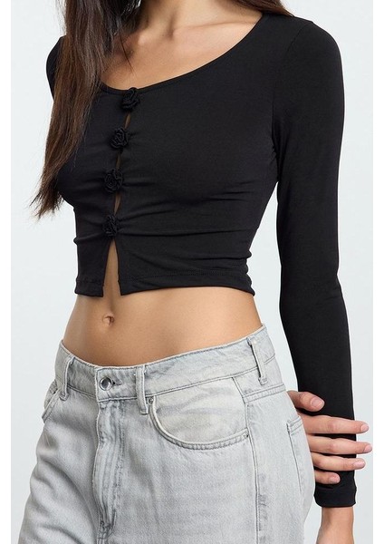 Stil Kadın Fitted Vücuda Oturan Gül Detaylı Esnek Bluz Regular Örme Slim Kalıp