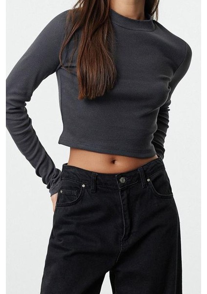 Kadın Moda Şık Crop Dik Yaka Slim Kalıp Örme Yıkamalı Fitted Vücuda Oturan Fitilli Esnek Bluz modelleri