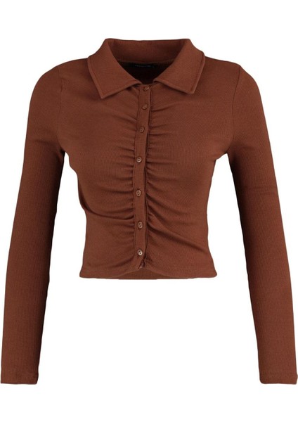 Kadın Moda Şık Crop Polo Yaka Slim Kalıp Örme Fitted Vücuda Oturan Fitilli Pamuklu Esnek Bluz