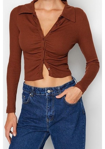 Kadın Moda Şık Crop Polo Yaka Slim Kalıp Örme Fitted Vücuda Oturan Fitilli Pamuklu Esnek Bluz modelleri