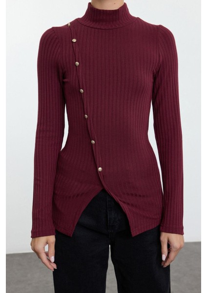 Kadın Şık Regular Dik Yaka Slim Kalıp Örme Fitted Vücuda Oturan Fitilli Esnek Bluz