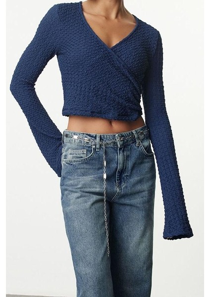 Stil Kadın Bluz Crop Örme Regular Kalıp Ispanyol Kol