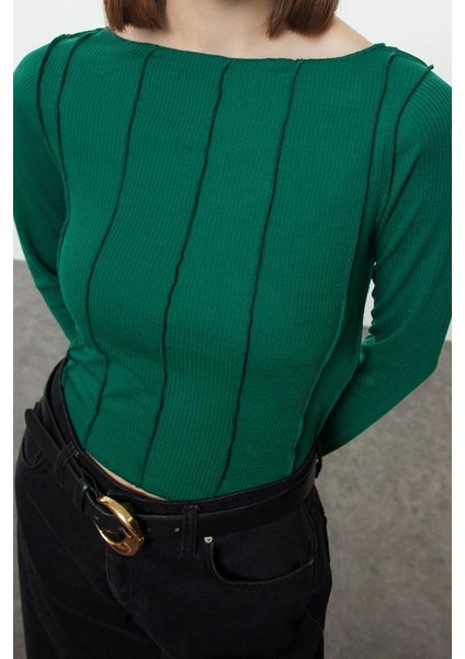 Stil Kadın Dikiş Detaylı Carmen Yaka Fitted Vücuda Oturan Fitilli Bluz Regular Slim Kalıp Düşük Kol