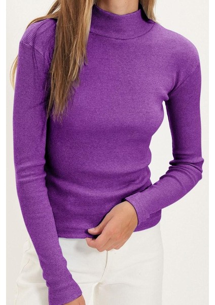 Kadın Moda Şık Regular Dik Yaka Slim Kalıp Örme Mürdüm Fitted Vücuda Oturan Kol Fitilli Esnek Bluz