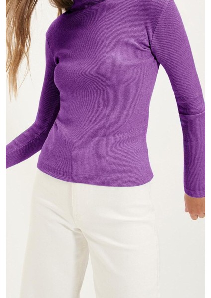 Kadın Moda Şık Regular Dik Yaka Slim Kalıp Örme Mürdüm Fitted Vücuda Oturan Kol Fitilli Esnek Bluz