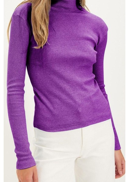 Kadın Moda Şık Regular Dik Yaka Slim Kalıp Örme Mürdüm Fitted Vücuda Oturan Kol Fitilli Esnek Bluz
