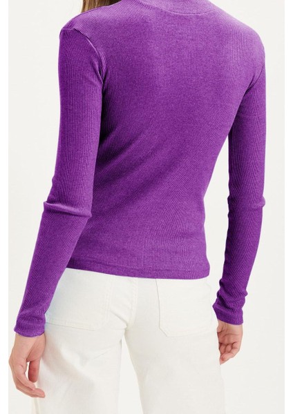 Kadın Moda Şık Regular Dik Yaka Slim Kalıp Örme Mürdüm Fitted Vücuda Oturan Kol Fitilli Esnek Bluz