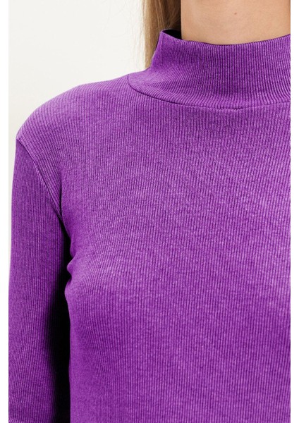 Kadın Moda Şık Regular Dik Yaka Slim Kalıp Örme Mürdüm Fitted Vücuda Oturan Kol Fitilli Esnek Bluz