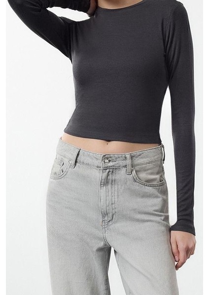 Stil Kadın Viskon Esnek Bluz Crop Örme Slim Kalıp