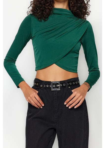 Stil Kadın Drapeli Crop Bluz Super Crop Örme Slim Kalıp