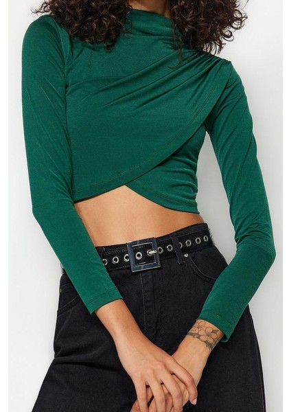 Stil Kadın Drapeli Crop Bluz Super Crop Örme Slim Kalıp fiyatları