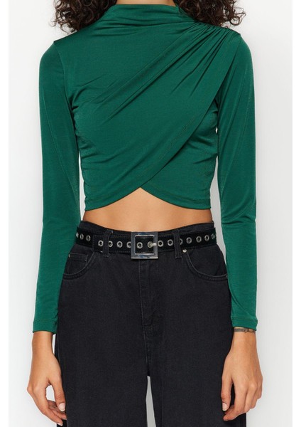 Stil Kadın Drapeli Crop Bluz Super Crop Örme Slim Kalıp modelleri