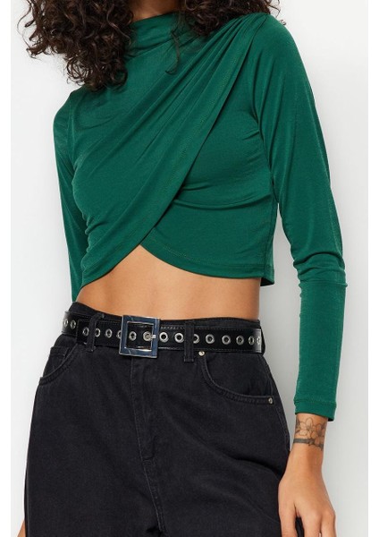 Stil Kadın Drapeli Crop Bluz Super Crop Örme Slim Kalıp fırsatları