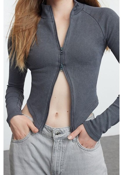 Stil Kadın Yıkamalı Fermuarlı Fitted Vücuda Oturan Fitilli Esnek Bluz Regular Örme Slim Kalıp