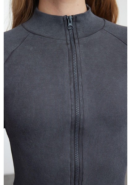 Stil Kadın Yıkamalı Fermuarlı Fitted Vücuda Oturan Fitilli Esnek Bluz Regular Örme Slim Kalıp fırsatları
